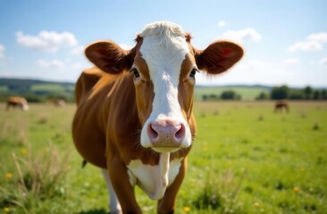 Brown and white cow in sunny field