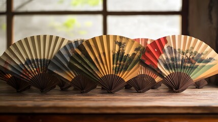 Antique hand painted fans, various colors and designs, displayed on a wooden surface
