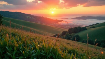 Obraz premium Misty sunrise over rolling hills, dew-kissed grass, texture, light, ethereal