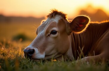 Peaceful cow lying in pasture at sunset with soft golden light