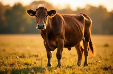 Brown cow standing in sunlit pasture during golden hour