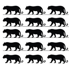 Seamless pattern of walking panther silhouettes black and white wild animal background