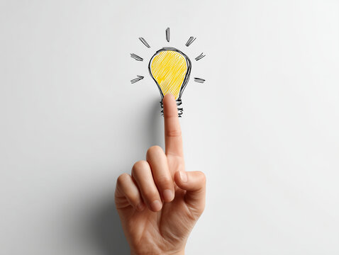 hand touching light bulb illustration on white background symbolizes creativity and ideas. This minimalist concept evokes inspiration and innovation