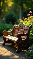 Ornate wooden bench, floral carvings, sunny garden, handmade, spring