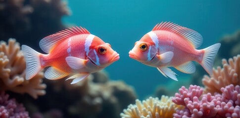 Fototapeta premium Pair of pink and white fish explore coral branches, white fish, coral, sea