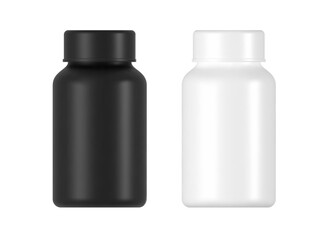 Plastic pill bottle mockup with screw caps isolated on white background, blank supplement container in black and white, product packaging design, vitamin jar with empty label space.	