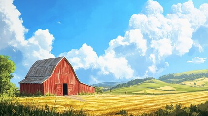 Rustic Red Barn in Idyllic Countryside Under Bright Blue Sky with Fluffy Clouds and Rolling Green Hills During Sunny Day in Vibrant Nature Setting