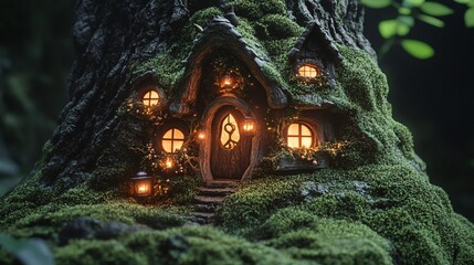 Enchanting Fairy Tale Cottage Nestled in a Majestic Tree Trunk Surrounded by Lush Greenery and Twinkling Warm Lights at Twilight