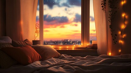 Cozy bedroom scene featuring a warm and inviting window view adorned with fairy lights, colorful pillows, and a stunning sunset sky full of vibrant hues.