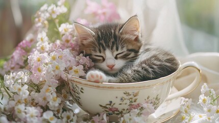 Adorable Sleeping Kitten Snuggled in a Floral Teacup Surrounded by Delicate Blossoms and Soft Natural Light for a Cozy and Charming Scene