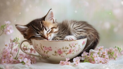 Adorable Tabby Kitten Sleeping Peacefully in a Floral Tea Cup Surrounded by Delicate Pink Flowers and Soft Dreamy Light