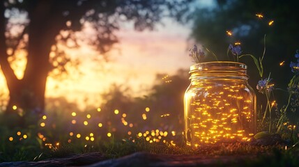 Enchanting Glass Jar Filled with Glowing Fireflies at Dusk Surrounded by Nature, Serenity, and Calming Sunset with Lush Greenery and Beautiful Flowers