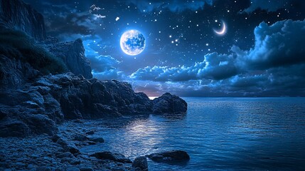 Enchanting Night Landscape with a Bright Moon and Shimmering Stars Above Calm Waters, Captivating Beauty of Nature in a Serene, Mysterious Atmosphere