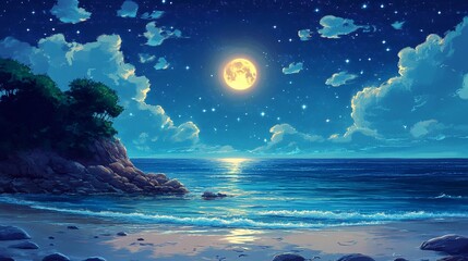 Serene Night Beach Scene with Full Moon Illuminating Ocean Waves and Starry Sky, Capturing the Beauty of Nature and Tranquility in a Dreamy Landscape