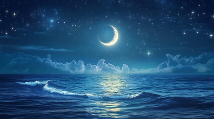 Serene Night Sky Over the Calm Ocean with a Glowing Crescent Moon and Twinkling Stars Reflecting on the Water, Creating a Dreamlike Atmosphere