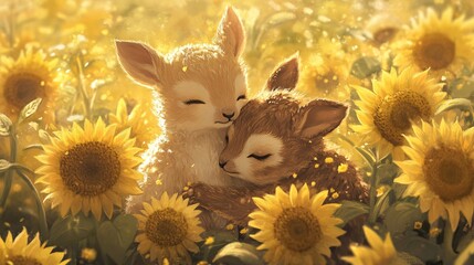 Adorable Young Animals Embracing in a Meadow of Bright Sunflowers Under a Warm Golden Sunlit Sky, Creating a Heartwarming Scene of Innocence and Friendship