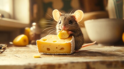 Adorable small mouse enjoying a piece of cheese in a cozy kitchen setting, with warm lighting and rustic decor creating a charming atmosphere for a delightful scene