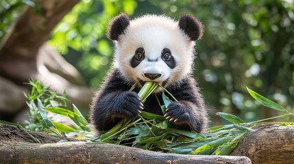 Playful Baby Panda Enjoying Fresh Bamboo in a Natural Habitat Surrounded by Lush Greenery, Capturing the Essence of Wildlife and Nature Conservation
