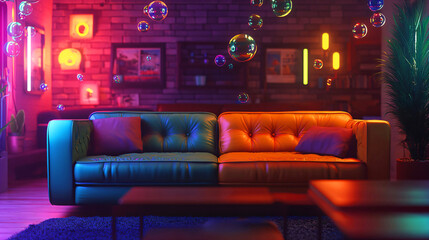 Neon-lit living room with a teal and orange couch. Bubbles float in the air, creating a surreal atmosphere.