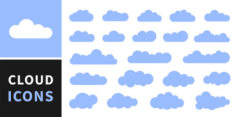 Set of cloud icons in trendy flat style isolated on blue background. Cloud icon, cloud shape. Collection of cloud icons, shapes, labels, symbols. Cloud symbol for your website design, logo, app, UI.