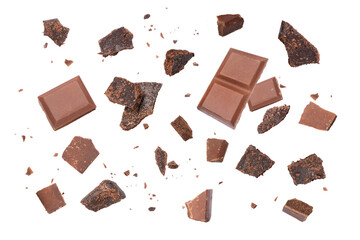 chocolate bar an chocolates pieces on white