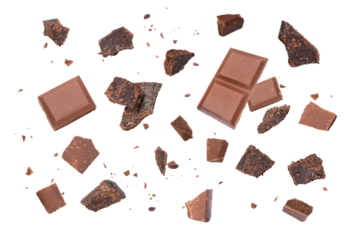chocolate bar an chocolates pieces on white