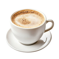 Fototapeta premium Creamy coffee in a white cup and saucer. Aromatic, rich brew with a frothy top. Perfect for a morning start