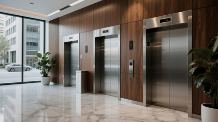 Modern Elevator Lobby in a Cityscape Office Building