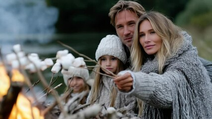 Family roasting marshmallows over a campfire.  A warm, autumnal scene of a happy family enjoying a cozy evening outdoors.  Children and adults, dressed in sweaters and warm hats.