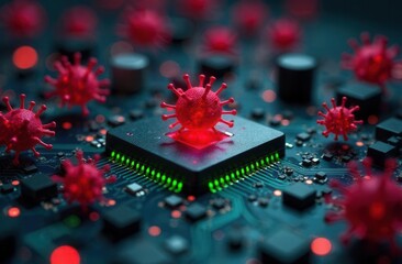 Digital virus representation on circuit board highlighting cybersecurity threats