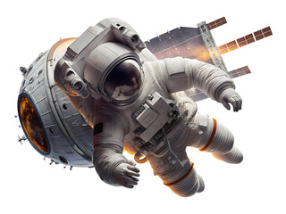 Fototapeta premium astronaut, exploration, galaxy, nebula, satellite, illustration, astronomy, celestial, cosmic, expertise, fantasy, futuristic, helmet, horizontal, illuminated, image, isolate, mission, plane PNG