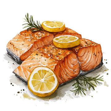 recommend clip art: Grilled Salmon With Lemon Slices, watercolor vector, isolated on a white background.