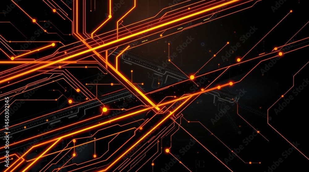 Fototapete glowing orange circuitry lines intersect on a dark background, creating a complex technological patt