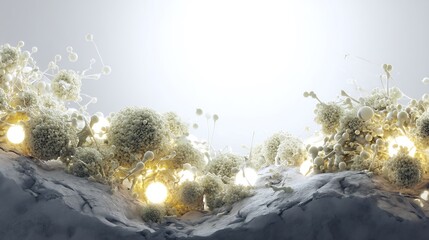 Futuristic visualization of microbes preventing soil erosion stabilizing soil structures glowing microbial communities binding soil particles together minimalist style pure white background no text