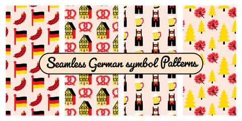 Set of German seamless vector patterns with lederhosen, pretzels, beer, half-timbered houses and cornflower in red, black and yellow