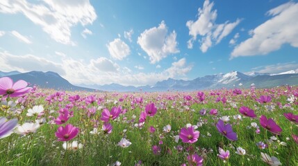 Fototapeta premium Vibrant Flower Meadow with Mountain Backdrop, Sunny Day Scenery
