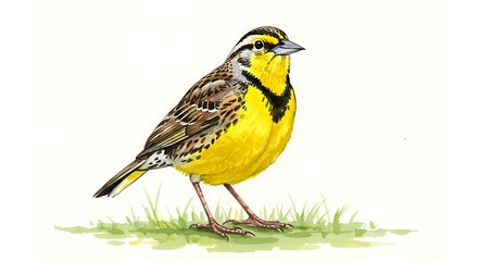 Fototapeta premium Detailed Watercolor Illustration of a Vibrant Dickcissel Bird on Grassy Patch