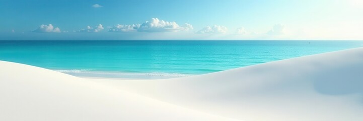 Fototapeta premium White sand dunes meet turquoise sea, sunlit scene, waves, dune, relaxing