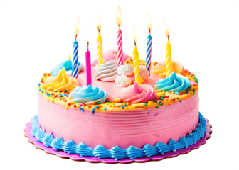 colorful birthday cake with candles isolated on white background PNG