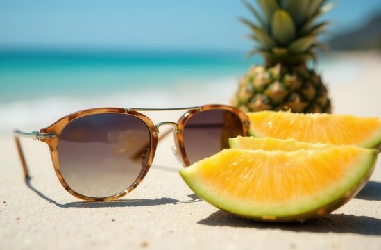 Sunglasses and pineapple on tropical beach sand under bright sunlight