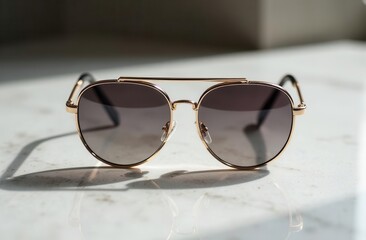 Stylish gold aviator sunglasses with dark lenses on marble surface