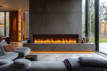 Elegant living room with electric fireplace, sleek design, dark wood tones, brown wall, and natural light creating a warm, sophisticated ambiance.