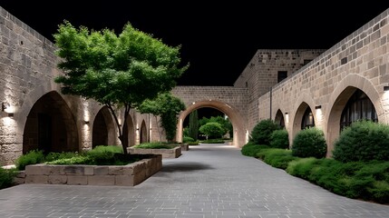 Fototapeta premium Night Serenity Stone Courtyard Oasis.