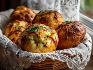 Savory cheddar and scallion bread rolls rest in a warm basket, enveloped by soft morning light and lace curtains