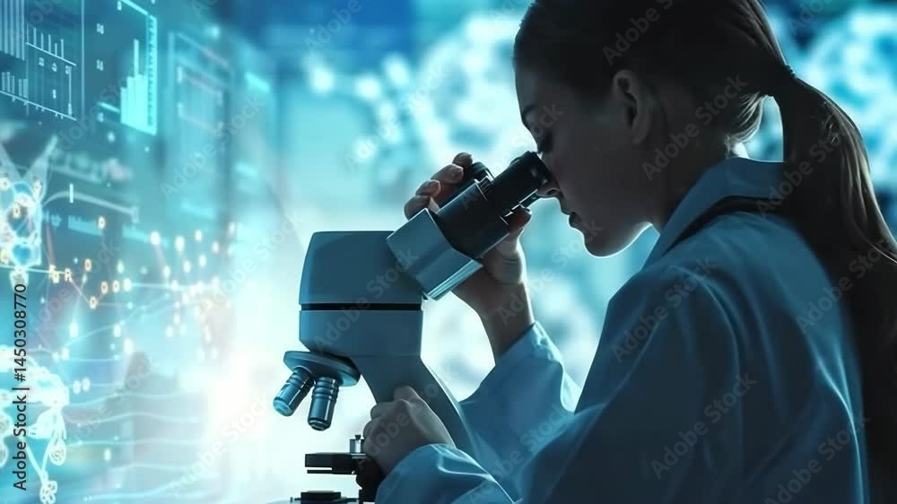 Aufkleber A scientist in a lab coat is examining samples under a microscope in a high-tech laboratory, with digital graphs, data visualizations, and molecular models in the background.