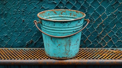 Rusted teal bucket on metal shelf