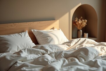 Cozy morning bedroom with soft linens