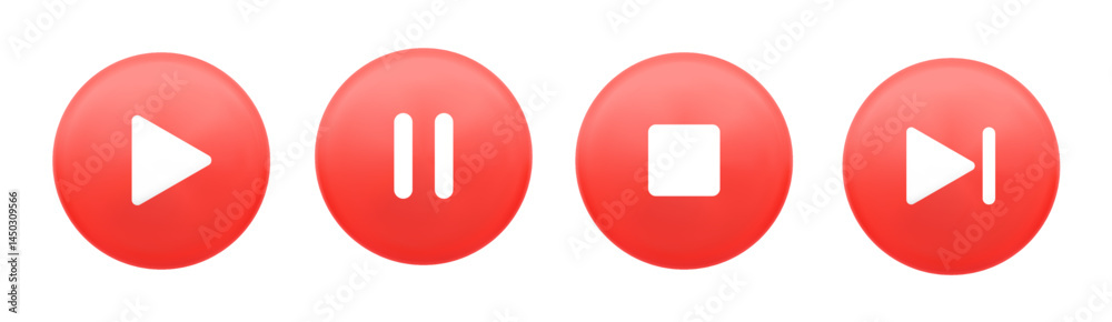 Wall mural set of red glossy media control buttons with white icons for play, pause, stop, and next in modern 3