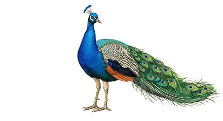 Obraz premium Magnificent peacock with iridescent plumage isolated on a white background