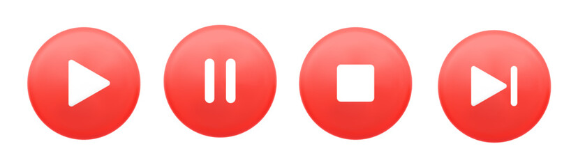 Set of red glossy media control buttons with white icons for play, pause, stop, and next in modern 3D style, featuring rounded shapes, soft shadows, and intuitive UI elements for digital interface